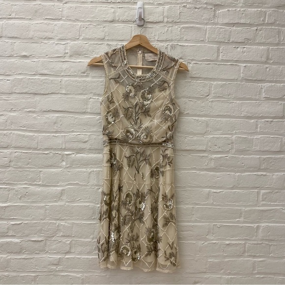 BHLDN || Mariposa Beaded Sequin Mesh Dress Bride Wedding Reception Ivory 6 - Picture 3 of 12